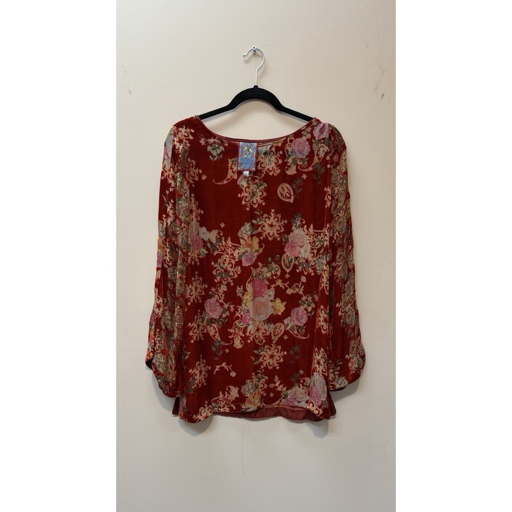 Johnny Was Tunic Top Womens Small Red Floral Silk Blend Velvet Embroidered Boho